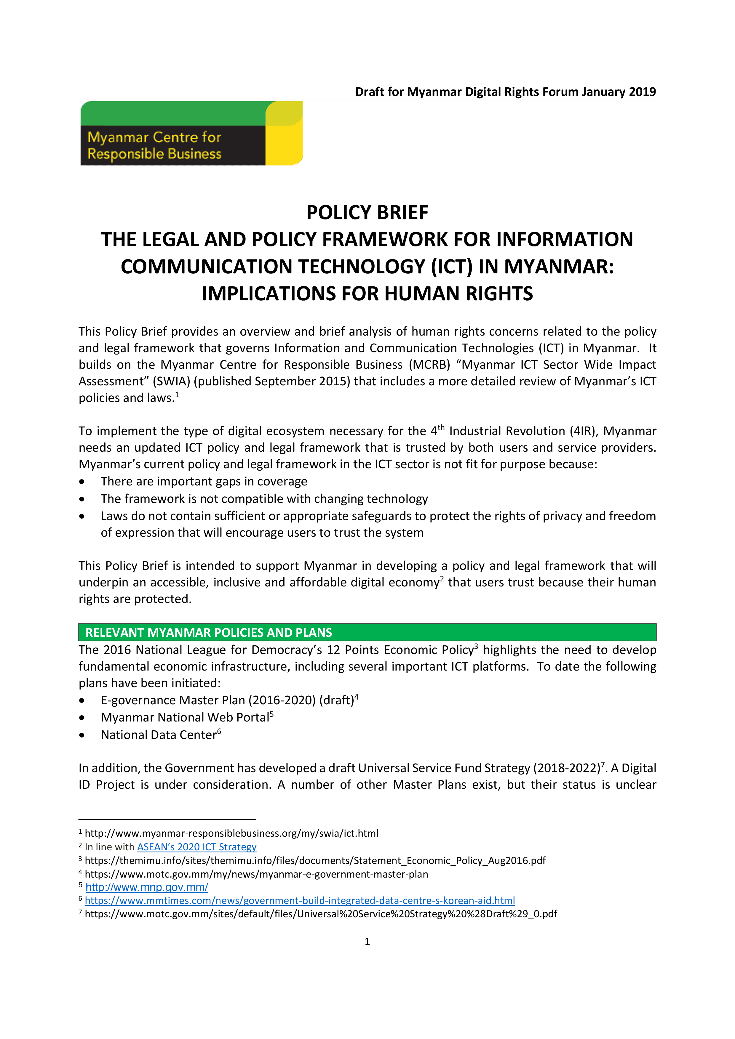 MCRB Policy Brief: The Legal and Policy Framework for Information Communication Technology (ICT) In Myanmar: Implications For Human Rights